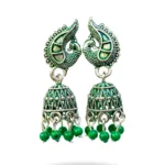Green Meenakari Silver Peacock Jhumkas | Oxidized Earrings