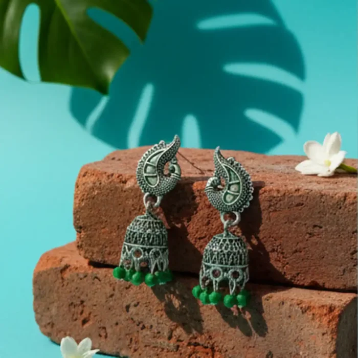Green Meenakari Silver Peacock Jhumkas | Oxidized Earrings - Image 5