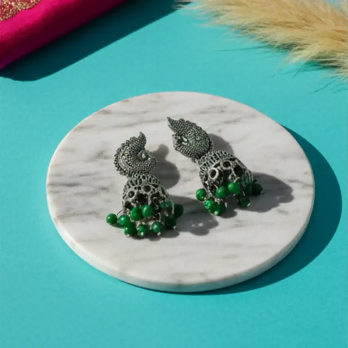 Green Meenakari Silver Peacock Jhumkas | Oxidized Earrings - Image 4