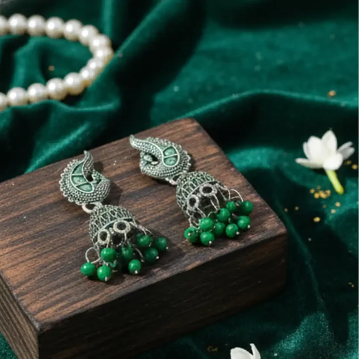 Green Meenakari Silver Peacock Jhumkas | Oxidized Earrings - Image 3