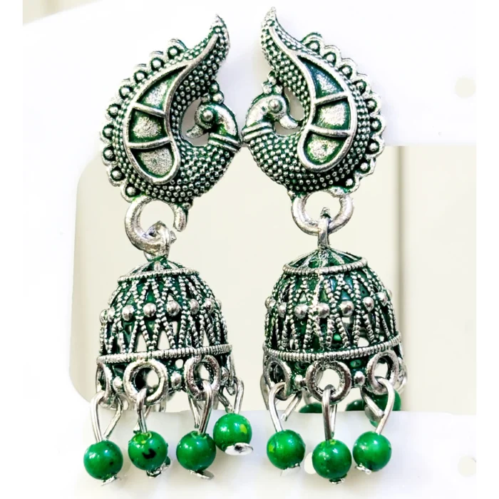 Green Meenakari Silver Peacock Jhumkas | Oxidized Earrings - Image 2