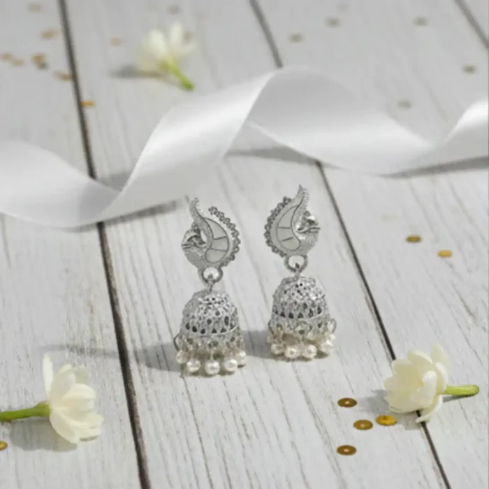 White Meenakari Silver Peacock Jhumkas | Pearl Drop Earrings - Image 6