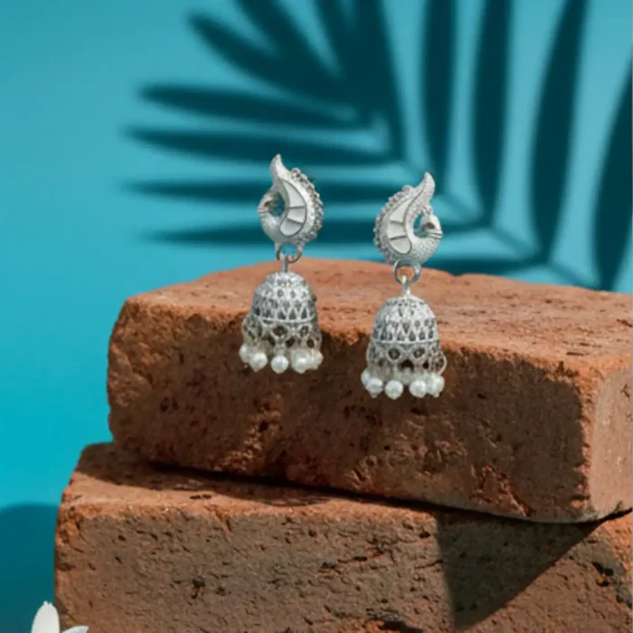 White Meenakari Silver Peacock Jhumkas | Pearl Drop Earrings - Image 5