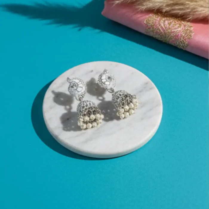 White Meenakari Silver Peacock Jhumkas | Pearl Drop Earrings - Image 4