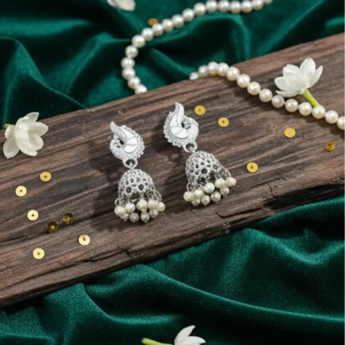 White Meenakari Silver Peacock Jhumkas | Pearl Drop Earrings - Image 3