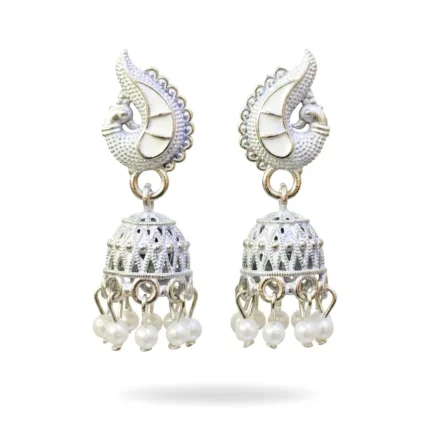 White Meenakari Silver Peacock Jhumkas | Pearl Drop Earrings