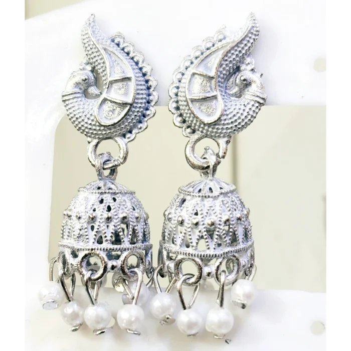White Meenakari Silver Peacock Jhumkas | Pearl Drop Earrings - Image 2