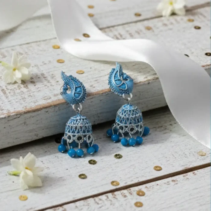 Sky Blue Meenakari Silver Peacock Jhumkas | Blue Bead Drops - Image 6