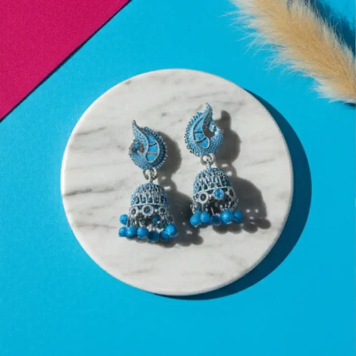 Sky Blue Meenakari Silver Peacock Jhumkas | Blue Bead Drops - Image 4