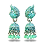 Mint Teal Meenakari Silver Jhumkas | Peacock Bead Earrings