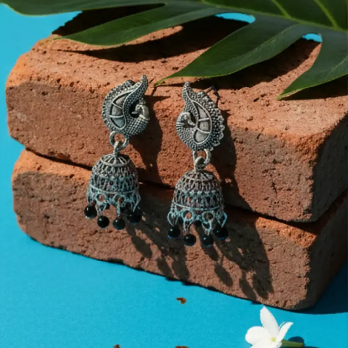 Oxidized Silver Peacock Jhumkas | Black Bead Drops - Image 5