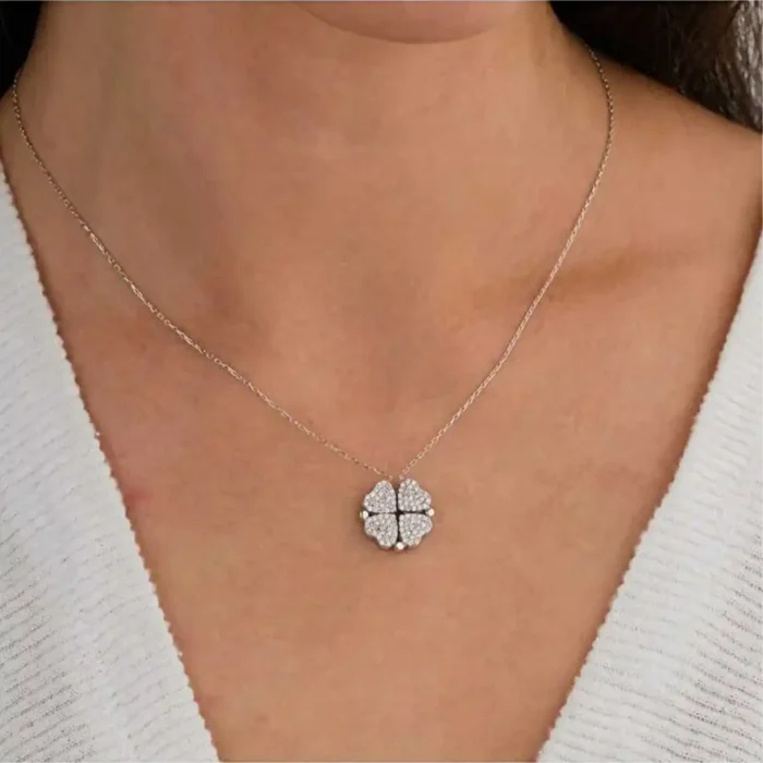 2-in-1 Silver Clover & Hearts Necklace | Convertible Crystal Pendant - Image 11