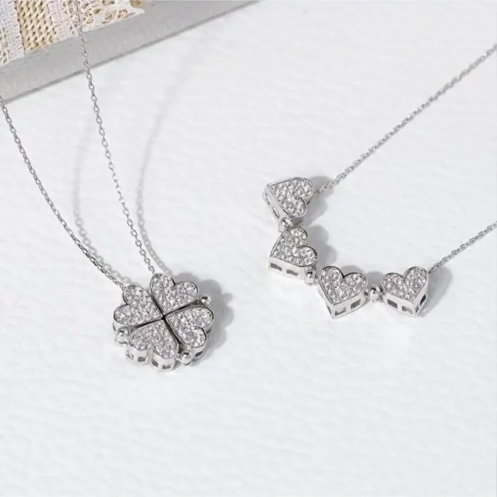2-in-1 Silver Clover & Hearts Necklace | Convertible Crystal Pendant - Image 9
