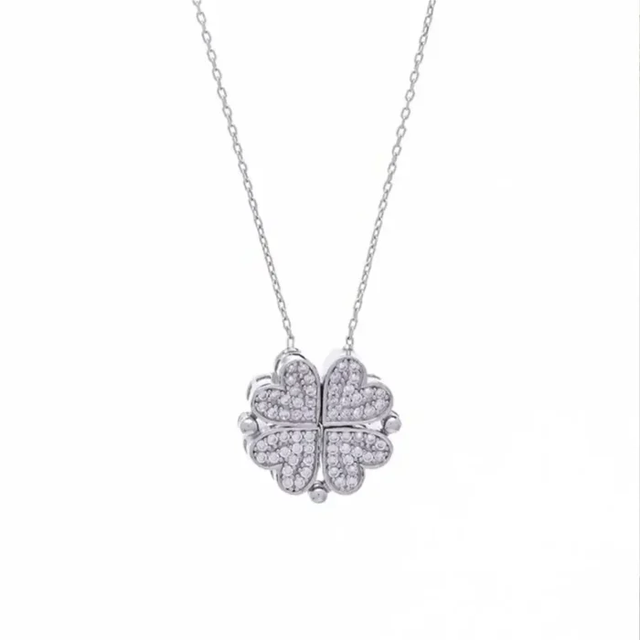 2-in-1 Silver Clover & Hearts Necklace | Convertible Crystal Pendant - Image 8