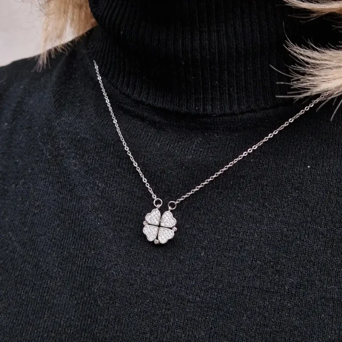 2-in-1 Silver Clover & Hearts Necklace | Convertible Crystal Pendant - Image 19