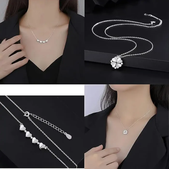 2-in-1 Silver White Clover Necklace | Crystal Heart Pendant - Image 10