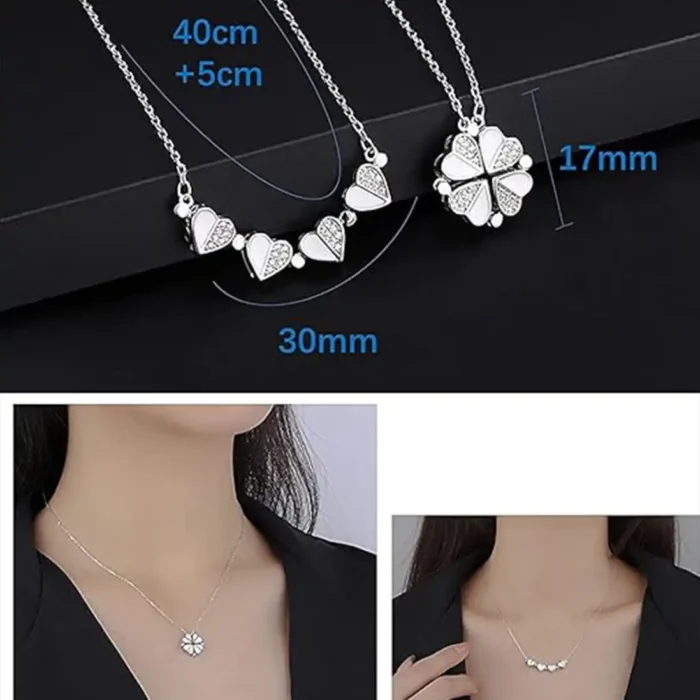 2-in-1 Silver White Clover Necklace | Crystal Heart Pendant - Image 9