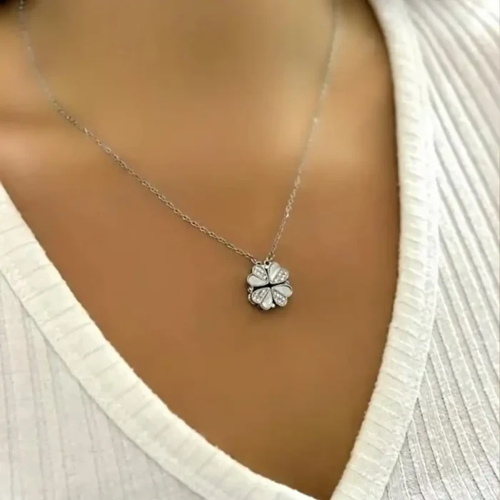 2-in-1 Silver White Clover Necklace | Crystal Heart Pendant - Image 7