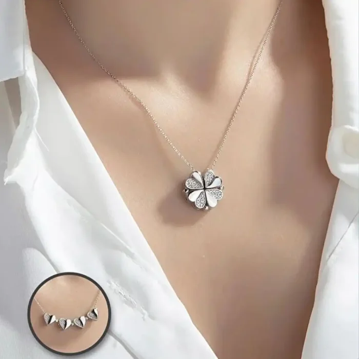 2-in-1 Silver White Clover Necklace | Crystal Heart Pendant - Image 4