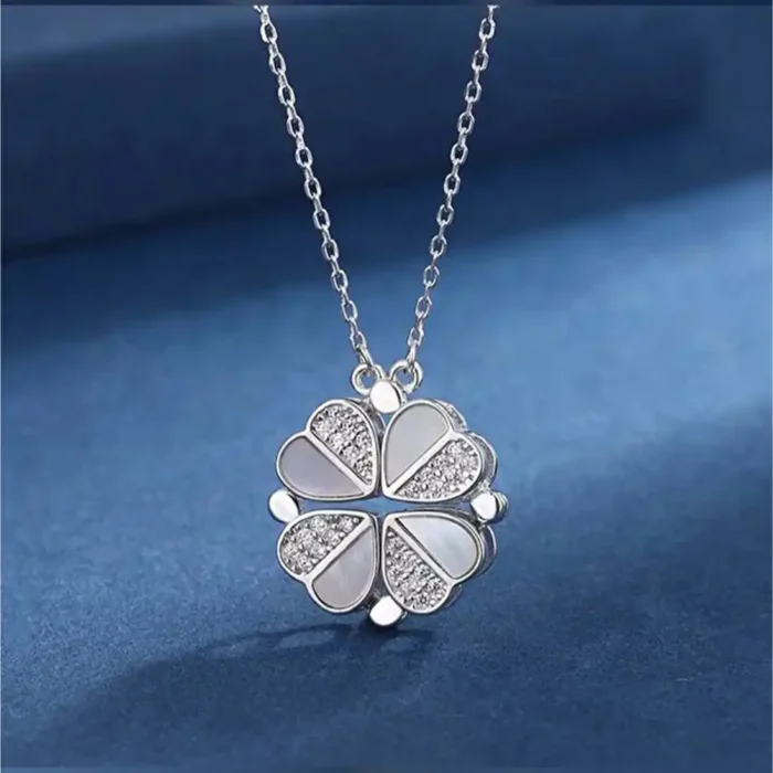 2-in-1 Silver White Clover Necklace | Crystal Heart Pendant - Image 3