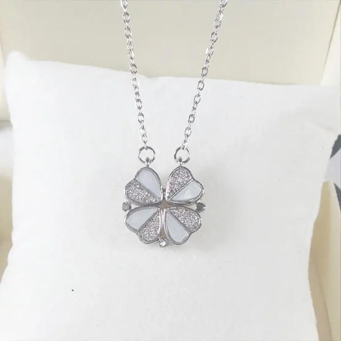 2-in-1 Silver White Clover Necklace | Crystal Heart Pendant - Image 12