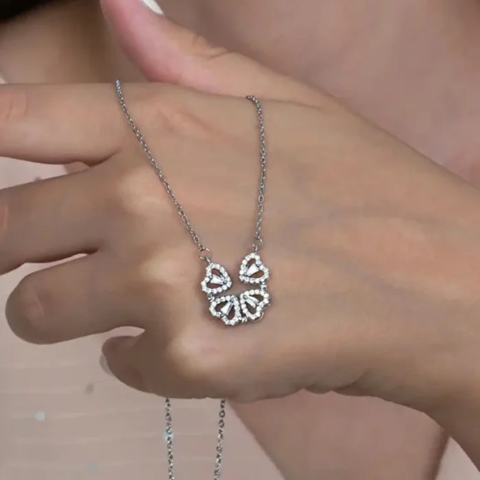 2-in-1 Silver Open Heart Clover Necklace | Crystal Pendant - Image 10