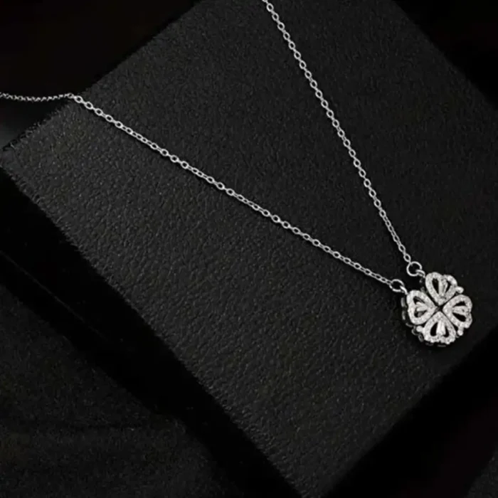 2-in-1 Silver Open Heart Clover Necklace | Crystal Pendant - Image 6