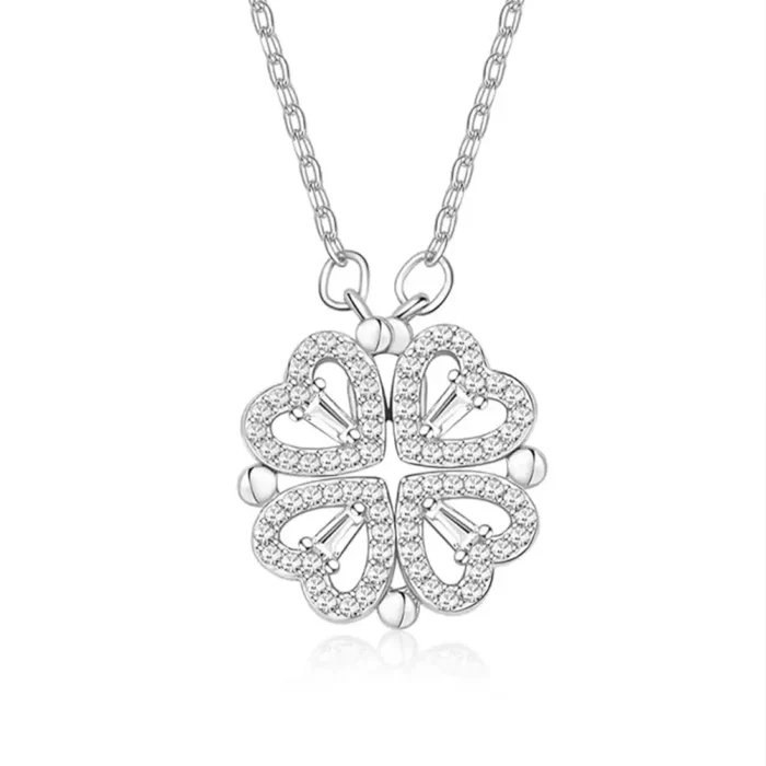 2-in-1 Silver Open Heart Clover Necklace | Crystal Pendant - Image 23