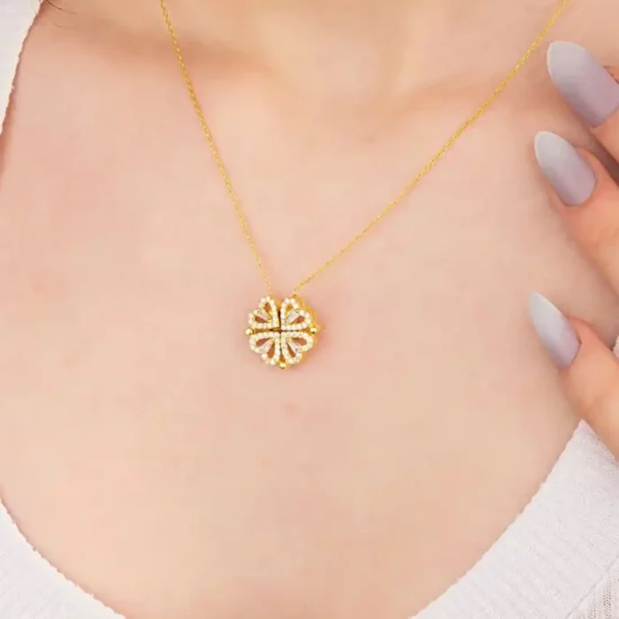 2-in-1 Gold Open Heart Clover Necklace | Crystal Pendant - Image 38