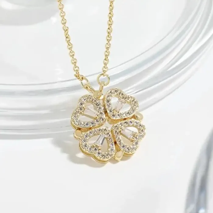 2-in-1 Gold Open Heart Clover Necklace | Crystal Pendant - Image 16