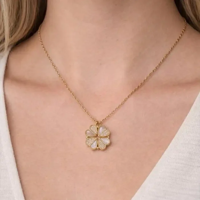 2-in-1 Gold White Clover Necklace | Crystal Heart Pendant - Image 9