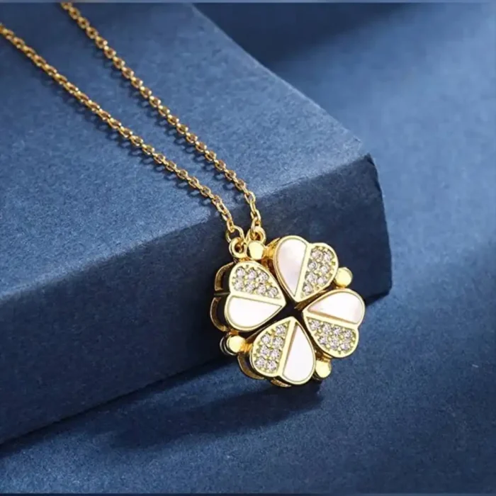 2-in-1 Gold White Clover Necklace | Crystal Heart Pendant - Image 8