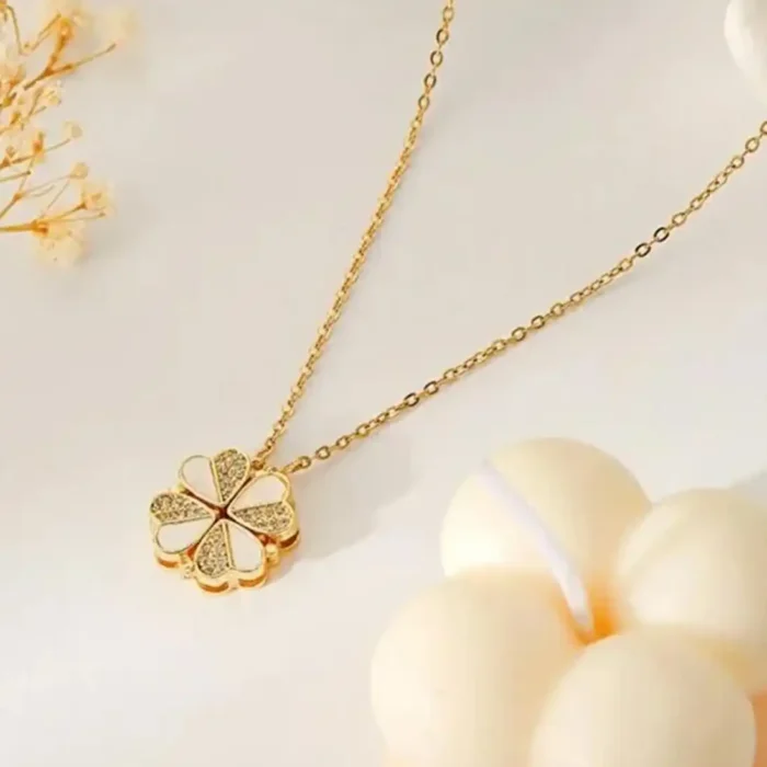 2-in-1 Gold White Clover Necklace | Crystal Heart Pendant - Image 6
