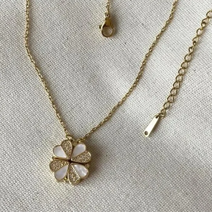 2-in-1 Gold White Clover Necklace | Crystal Heart Pendant - Image 5