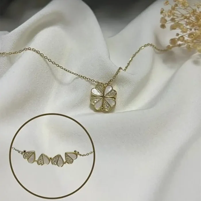 2-in-1 Gold White Clover Necklace | Crystal Heart Pendant - Image 3