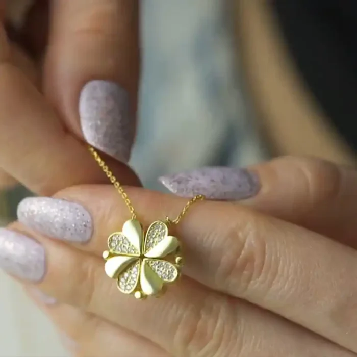2-in-1 Gold White Clover Necklace | Crystal Heart Pendant - Image 18