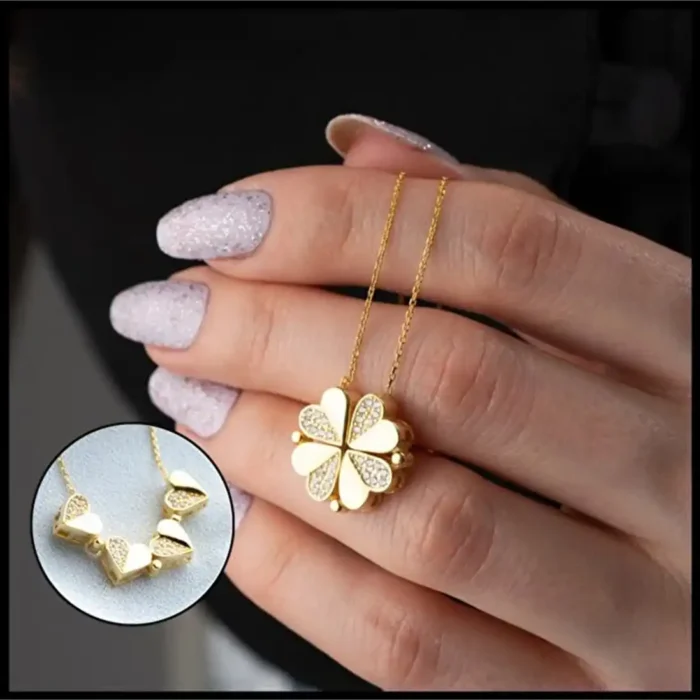 2-in-1 Gold White Clover Necklace | Crystal Heart Pendant - Image 17