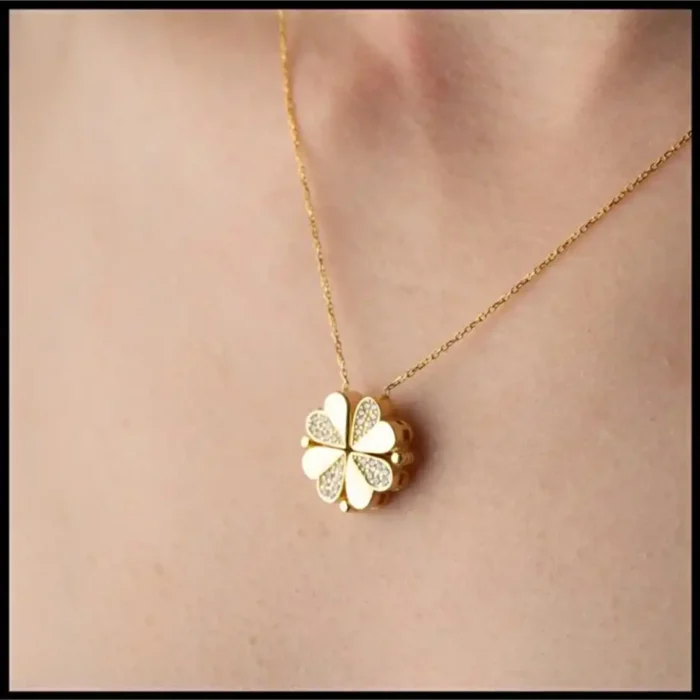 2-in-1 Gold White Clover Necklace | Crystal Heart Pendant - Image 16
