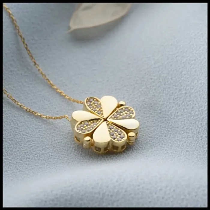 2-in-1 Gold White Clover Necklace | Crystal Heart Pendant - Image 13