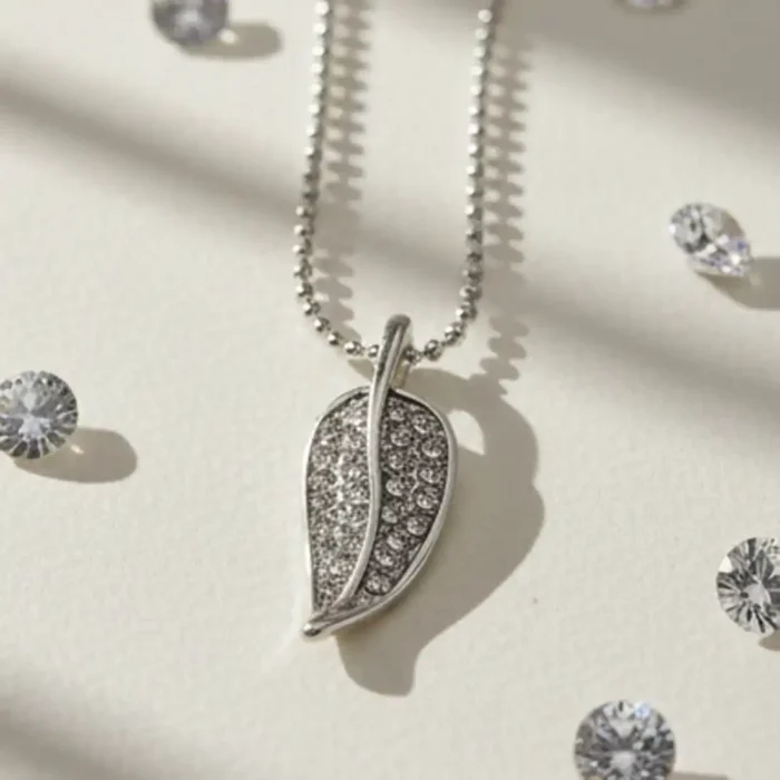 Silver Crystal Leaf Necklace | Botanical Pendant - Image 7