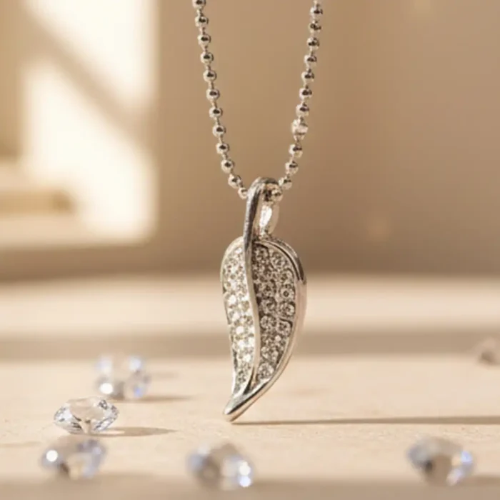 Silver Crystal Leaf Necklace | Botanical Pendant - Image 3