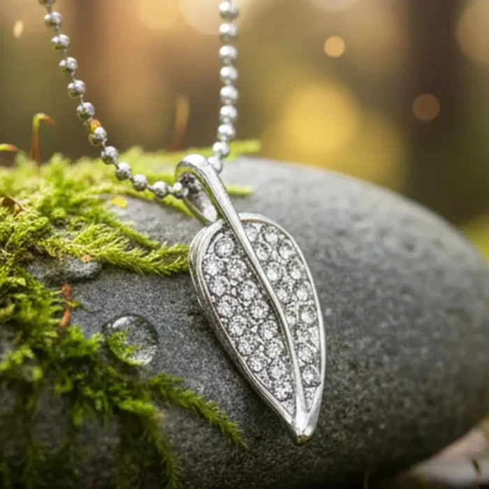Silver Crystal Leaf Necklace | Botanical Pendant - Image 2