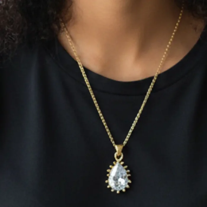 Gold Teardrop Sunburst Necklace | Crystal Pendant - Image 3