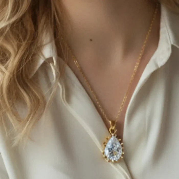Gold Teardrop Sunburst Necklace | Crystal Pendant - Image 2