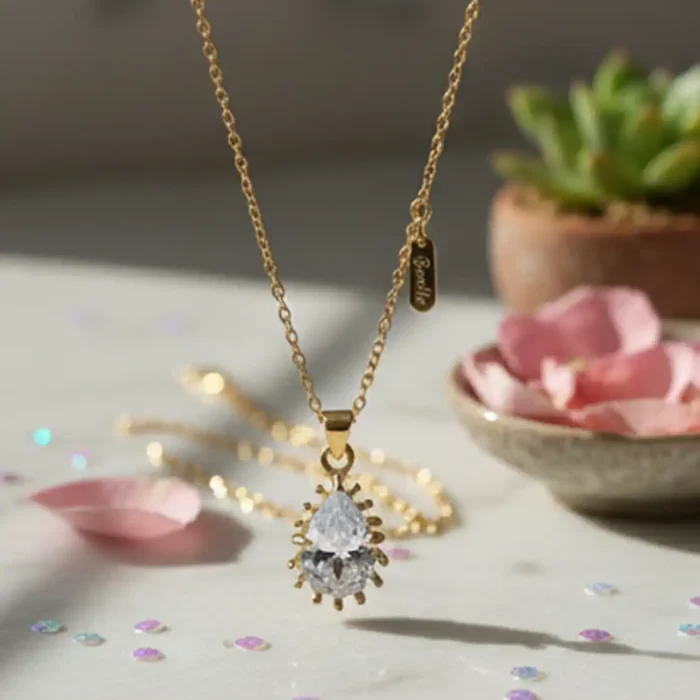 Gold Teardrop Sunburst Necklace | Crystal Pendant - Image 12