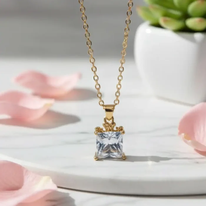 Gold Princess-Cut Crystal Necklace | Crown Pendant - Image 7