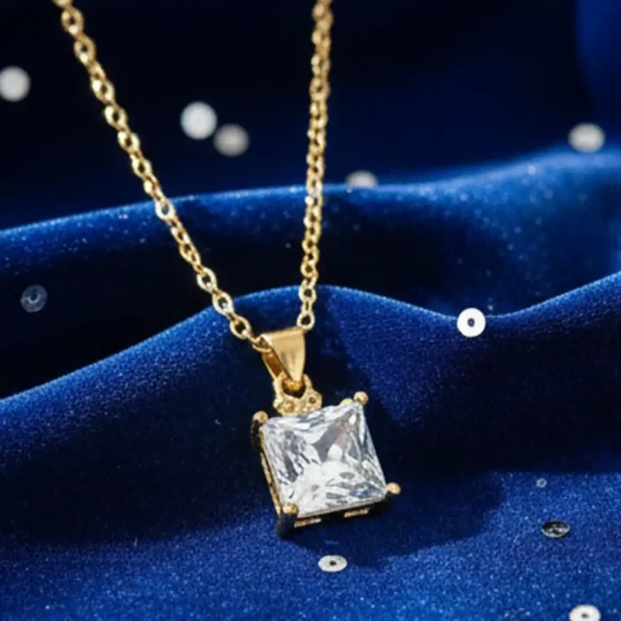 Gold Princess-Cut Crystal Necklace | Crown Pendant - Image 6