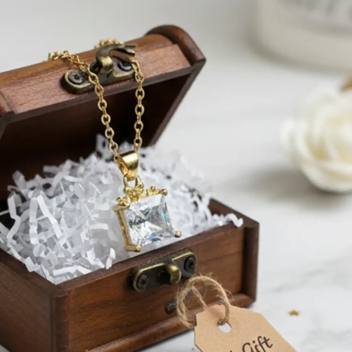 Gold Princess-Cut Crystal Necklace | Crown Pendant - Image 5