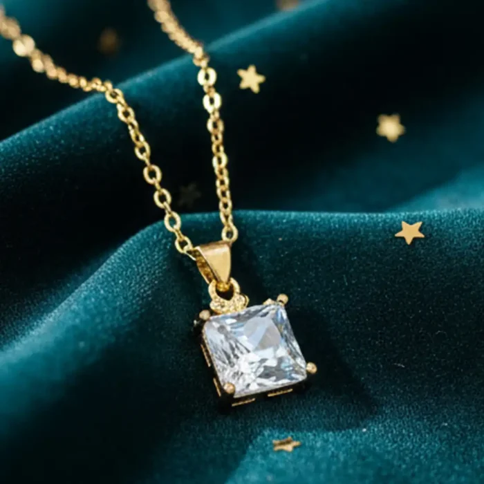 Gold Princess-Cut Crystal Necklace | Crown Pendant - Image 2