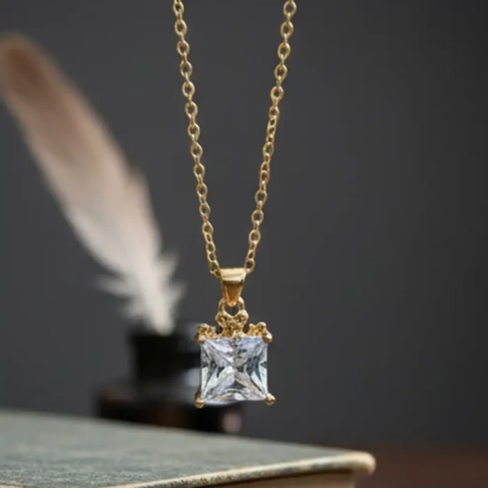 Gold Princess-Cut Crystal Necklace | Crown Pendant - Image 16